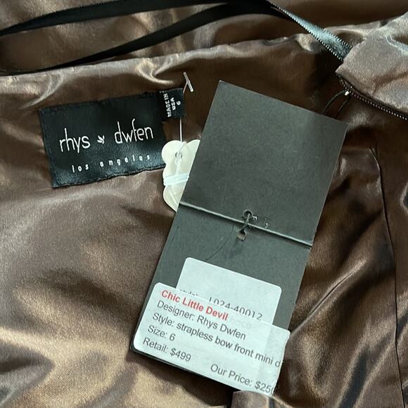 Vintage Rhys Dwfen Chic Little Devil Strapless Bow Front Mini Dress Brown Size 6 - Picture 9 of 9